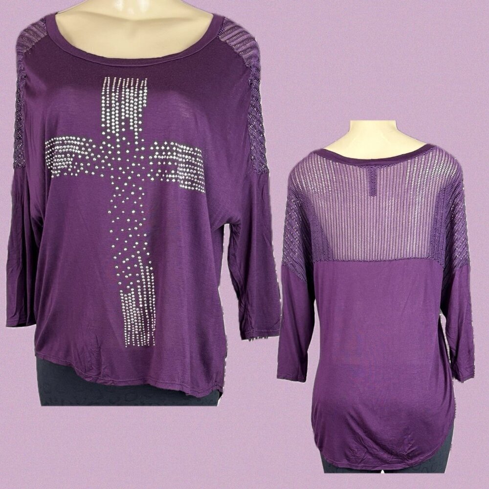 Estam L Purple Studded Cross Crew Neck Step-Hem Open Weave Back 3/4 Sleeve Top